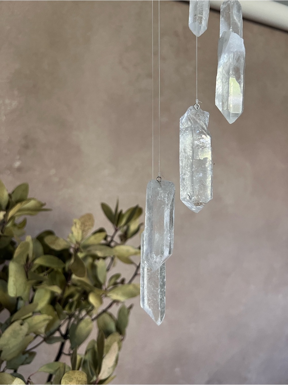 Real Crystal Quartzite Hanging Mobile Wind Chime with Natural Wood Rings - Picture 9 of 10